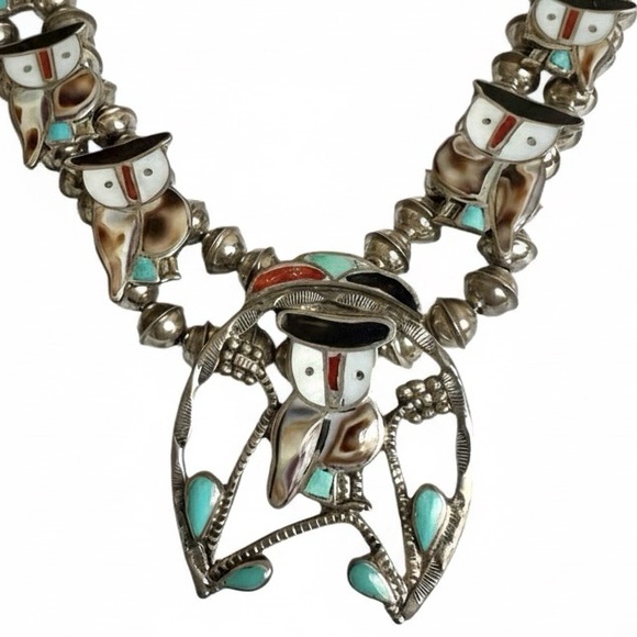 Sterling Silver Zuni Inlay Owl Squash Blossom Necklace Signed PITKIN PW NATEWA